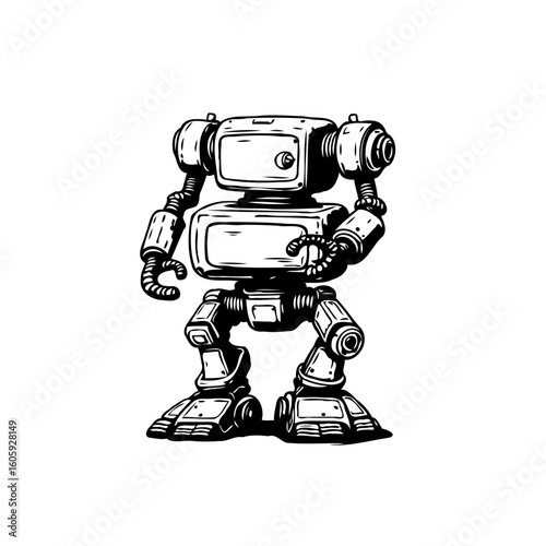 A quirky hand-drawn robot illustration showcases vintage robotic design with detailed line work on white background
