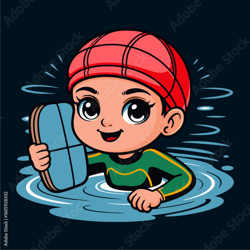 Cartoon illustration of a child swimmer holding a swim board in a pool.