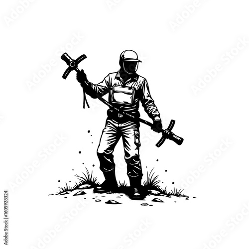 Monochrome illustration of a silhouetted worker holding specialized tools in a rugged outdoor environment conveying labor