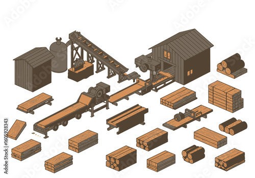 Isometric lumber mill factory sawmill logs planks machinery  wood