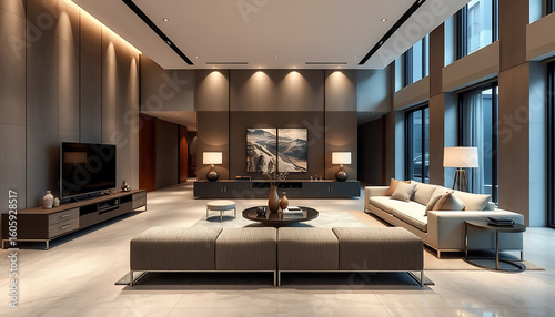 Modern living room interior with sofa, tv and decor in neutral colors.