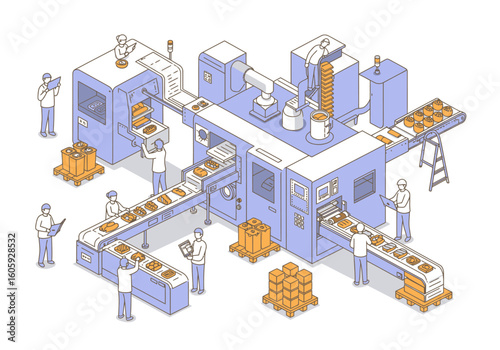 Isometric view of a bakery production line with workers and automated machines