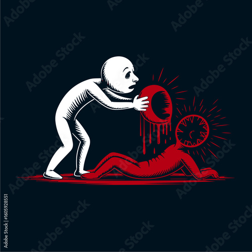 A stylized illustration of a person removing a bloody head from another, conveying a sense of suffering and violence.