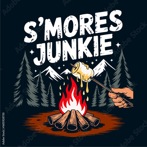 Campfire scene with a hand roasting a marshmallow over the flames, creating a s'more;  mountains and forest in the background, text proclaims 