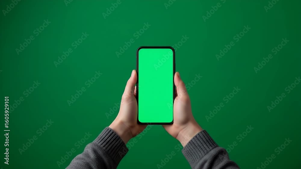 A Green Screen Smartphone Held by Hand for Chroma Keying and Visual Effects, Providing a Digital Mockup for Technology and Mobile Content Integration