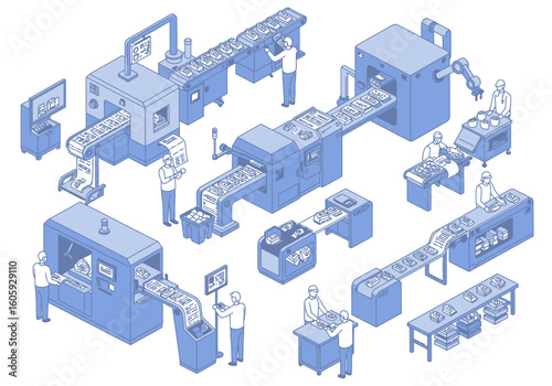 Isometric view of a factory assembly line with workers  machines