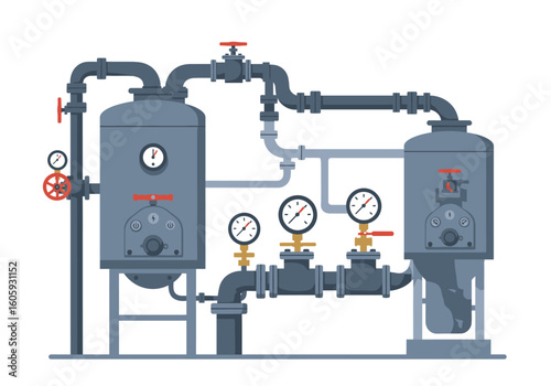 Machinery with pipes tanks gauges valves stands and connections on a light background