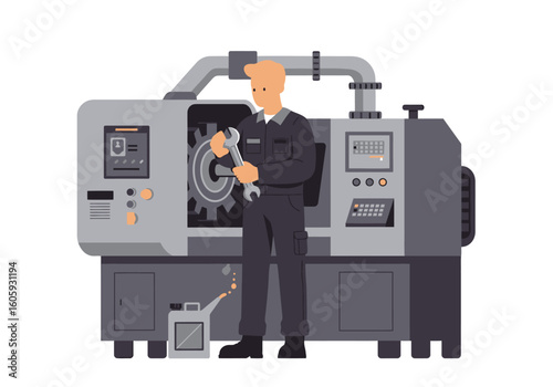Man fixing machine with wrench oil can near