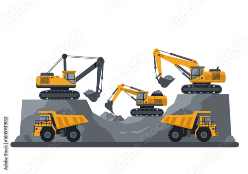 Mining scene excavators load ore into trucks on a gray terrain