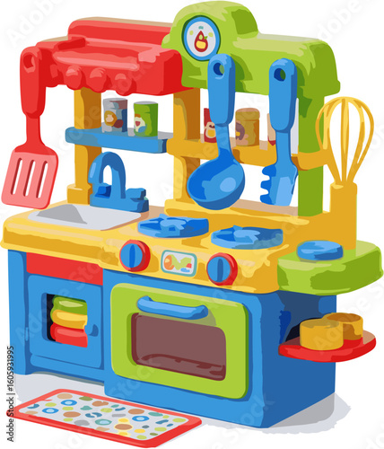 A colorful, detailed illustration of a child's toy kitchen set with various cooking accessories.