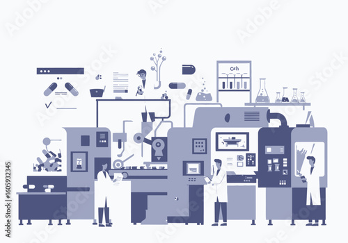 Pharmaceutical factory scene with machines  labcoated workers in a stylized light  dark purple color scheme