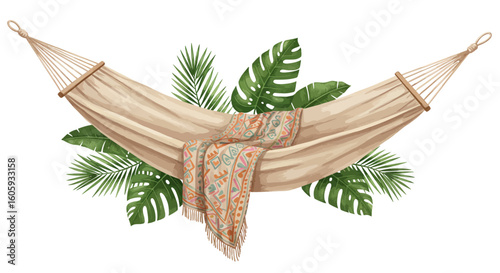 Watercolor Hammock with Tropical Foliage and Patterned Blanket Relaxing Illustration.