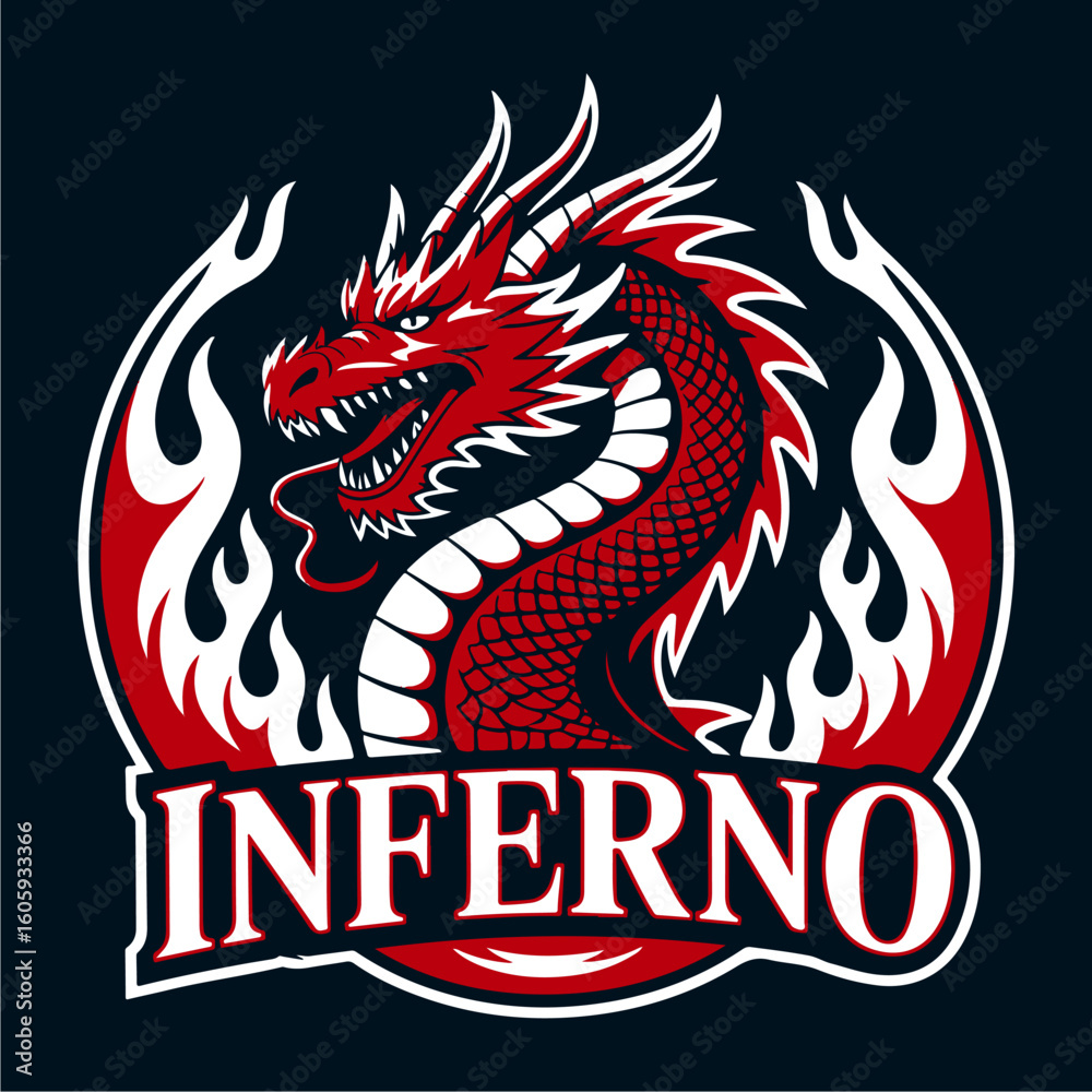 Fototapeta premium Fiery red dragon emblem, Inferno logo, encircled by flames.