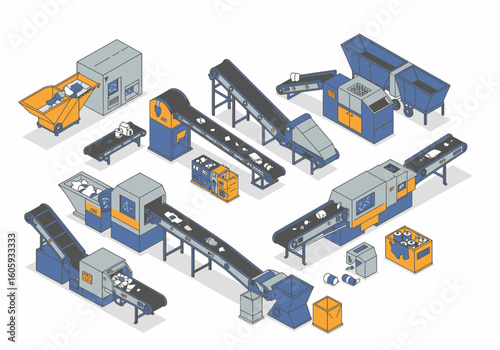 Recycling plant illustration shows conveyer belts and machinery sorting refuse