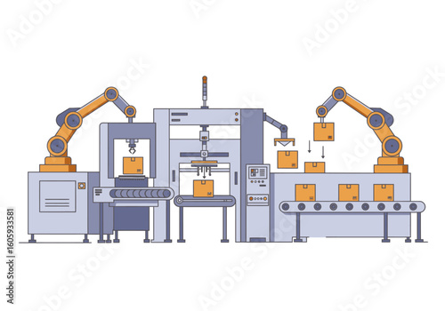 Robotic arms in a factory line pack boxes