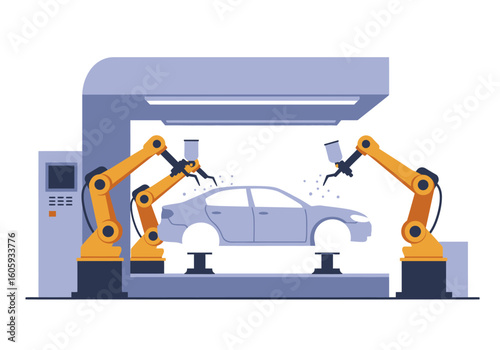 Robotic arms spraypaint a car body in an auto factory setting