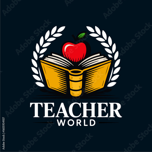 A vibrant logo depicting an open book, a red apple, and laurel wreath, symbolizing education and Teacher World.