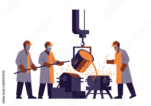 Three foundry workers pour molten metal into a mold