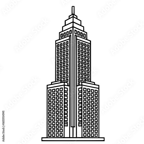 Urban skyscraper with many floors in line art cityscape illustration