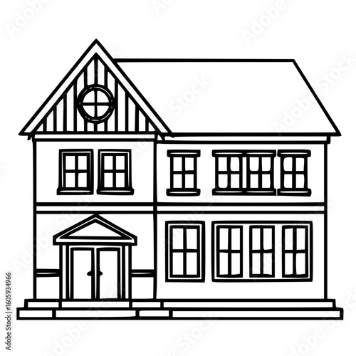 Vintage suburban house with triangle roof and detailed architecture illustration