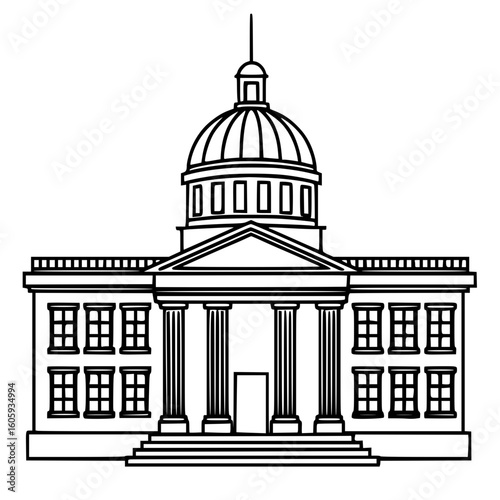 Dome-shaped courthouse or public building in detailed outline line drawing