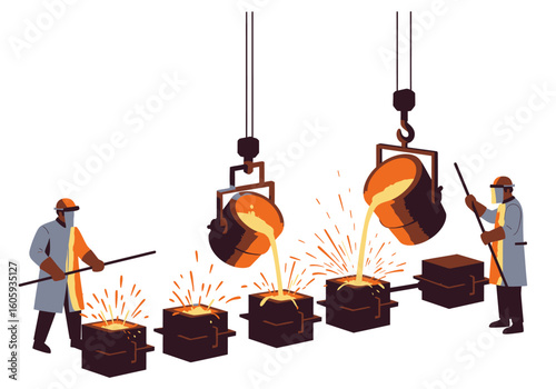 Two workers oversee molten metal being poured from buckets into molds on a production line