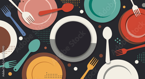 Creative Table Setting Design, Plates and Cutlery, Modern Dining Space, Illustration, Colorful Arrangement, Top-Down View, Culinary Art