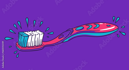 Colorful Toothbrush on Purple Background, Illustration, Fun Environment, Dynamic Viewpoint, Oral Hygiene Concept