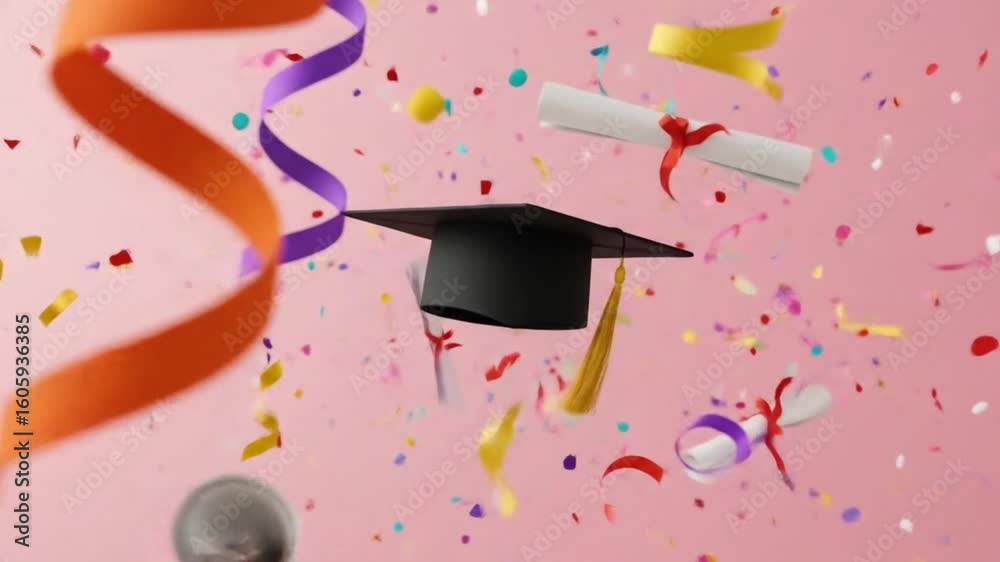 Graduation Celebration: Capturing the moment of academic achievement, a cap and scroll dance amidst colorful confetti and ribbons, set against a festive backdrop.