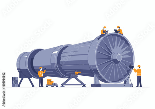 Workers inspecting a large industrial fanengine using tools and laptops for analysis on a white background