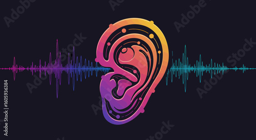 Sound Waves, Ear Illustration, Digital Graphic, Abstract Art, Colorful Design, Modern Viewpoint, Audiovisual Concept