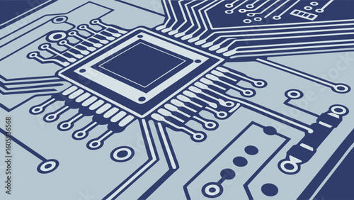 Abstract Design of a Circuit Board with Microchip and Intricate Lines in Blue