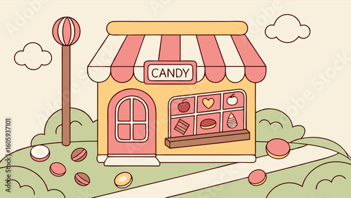 Colorful Vintage Candy Shop Surrounded By Whimsical Landscape And Sweet Treats