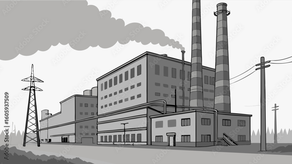 Fototapeta premium Industrial Factory Complex with Smokestacks Against Cloudy Sky in Urban Setting