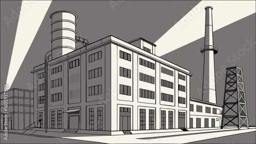 Industrial Factory Building with Tower and Smokestack in Black and White