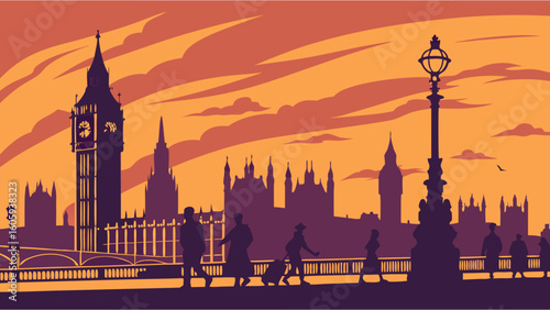 Silhouetted Figures Walking Across Bridge with Big Ben and Parliament at Sunset
