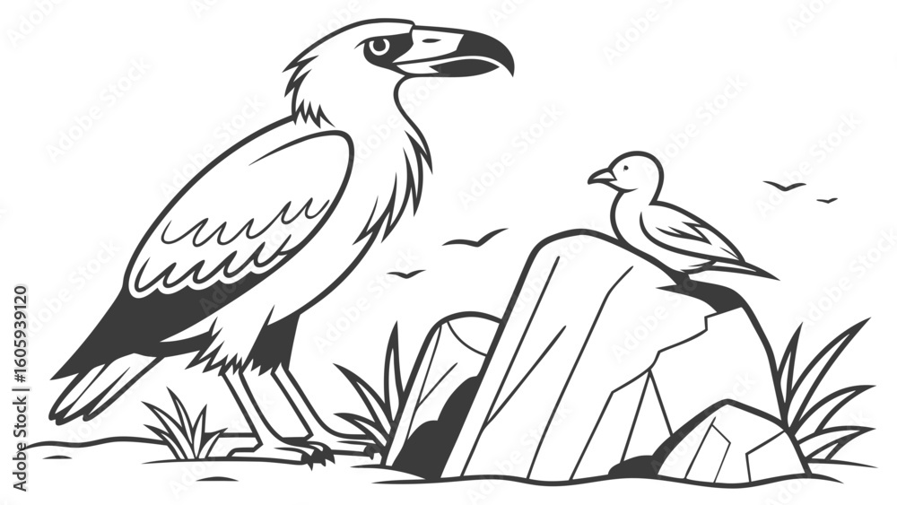 Naklejka premium A Large Bird Observing a Small Bird on a Rock Surrounded by Grass and Plants