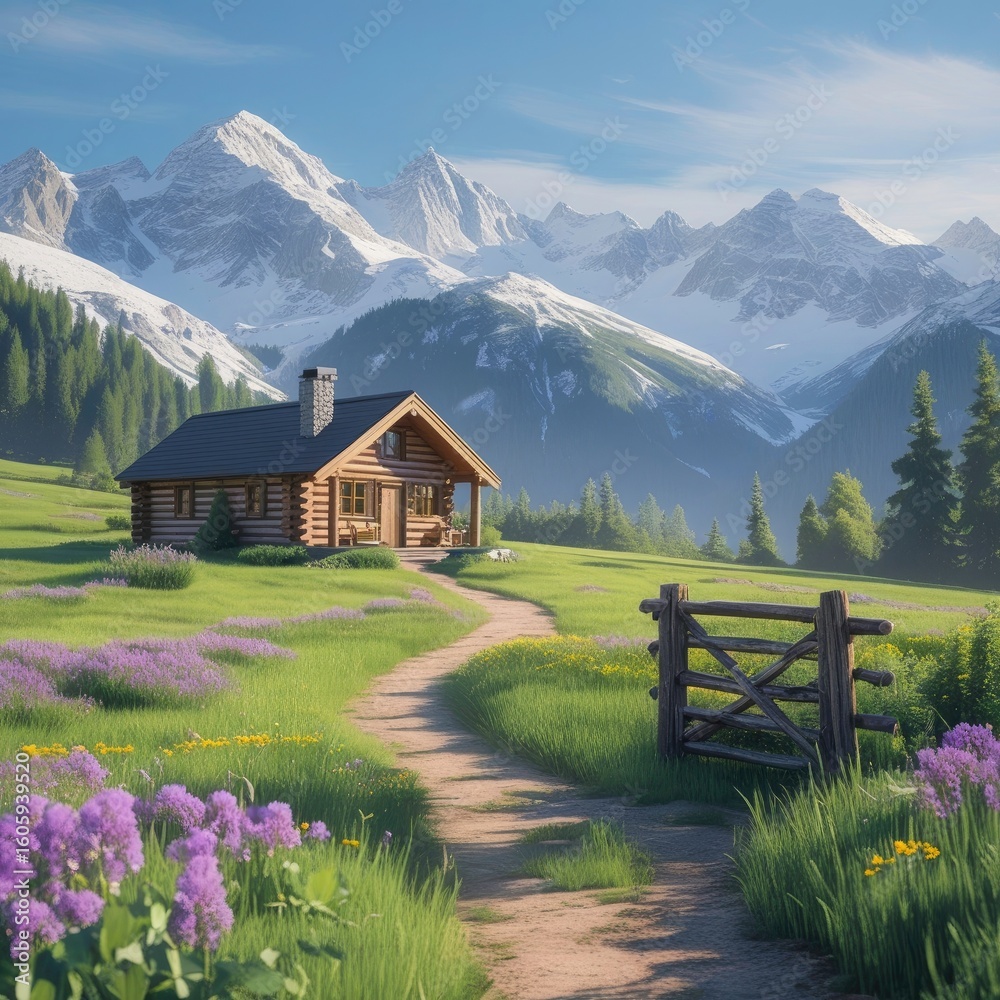 mountain landscape with wooden house mountain landscape with wooden house