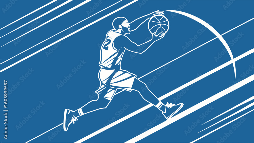 Fototapeta premium Dynamic Basketball Player Jumping in Action against a Bold Blue Background