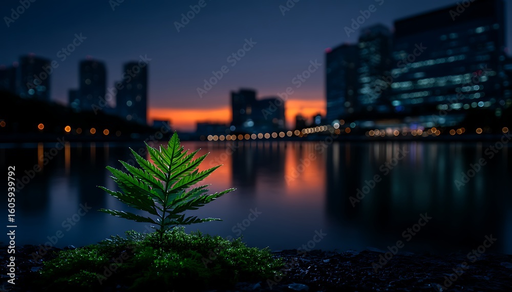 Fototapeta premium Cityscape at dawn, a small plant