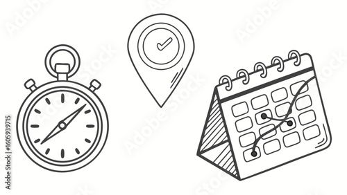 Icons Representing Time Management Through Clock, Calendar, and Location Marker