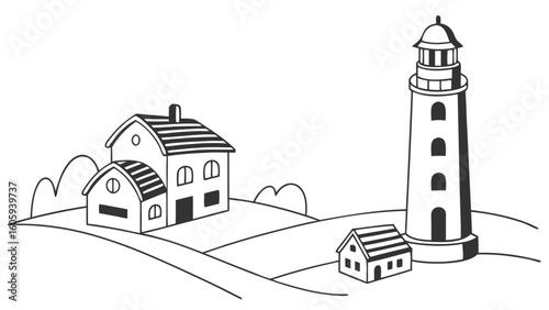 Illustration of a Scenic Lighthouse and Cottages on a Rolling Hillside