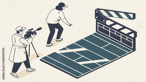 Illustration of Filmmaking Scene with Director and Camera Operator Working
