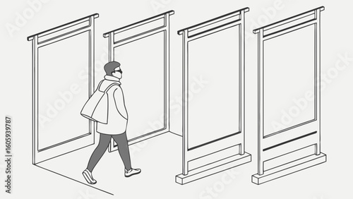 Individual Walking Through Minimalist Urban Environment with Framed Pathways