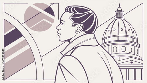 Profile of a Thoughtful Man Gazing at Urban Landscape with Geometric Patterns