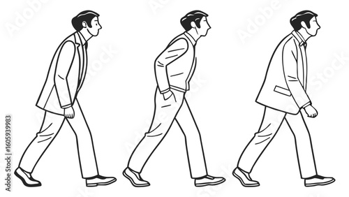 Sequential Illustration of a Man Walking in Different Styles and Postures