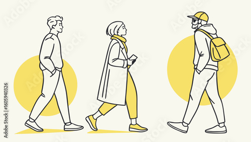 Three Individuals Walking Together Through Urban Setting with Yellow Accents