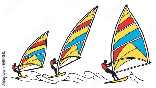 Three Colorful Windsurfers Riding Waves in Dynamic Ocean Environment
