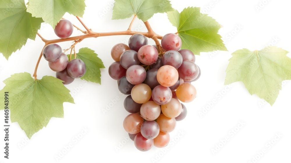 Fototapeta premium Freshly harvested bunch of blush grapes with green leaves on a crisp white background suggesting natural sweetness
