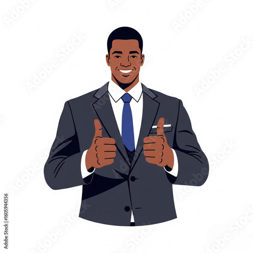 young smiling man in business suit with thumbs up.
